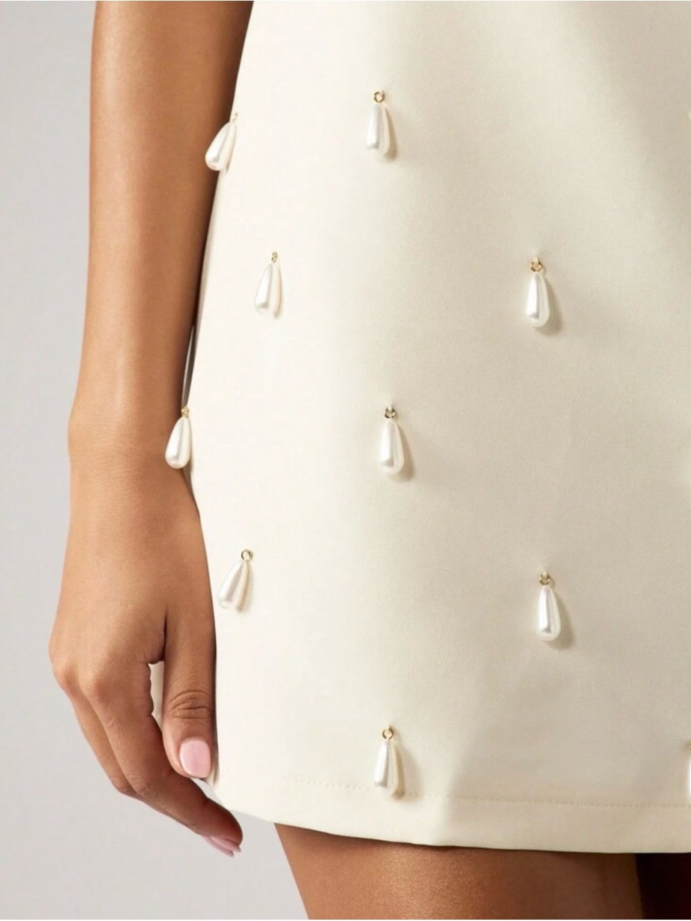 Strapless Cream Mini Dress with pearls Detail - Picture 3 of 5